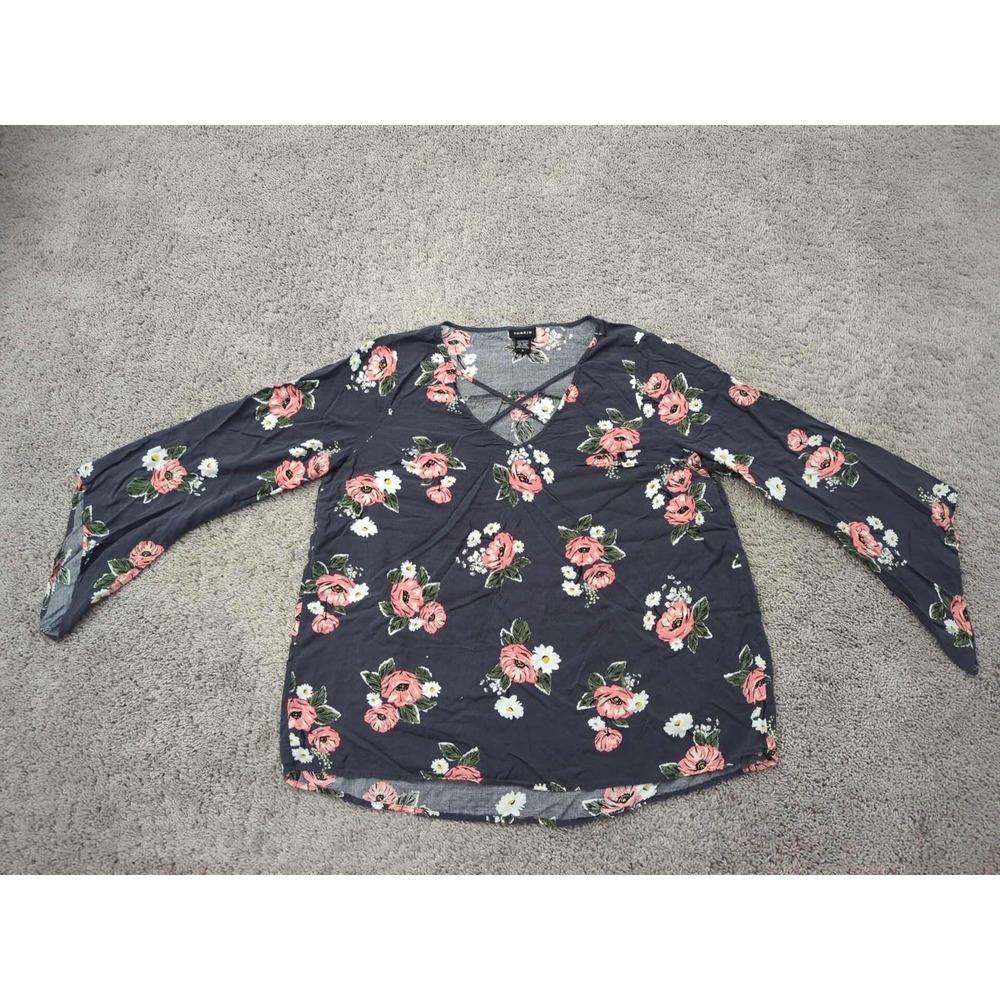 Torrid Top Womens 0 PLUS Black Floral Criss Cross V-Neck Bell Sleeve Boho